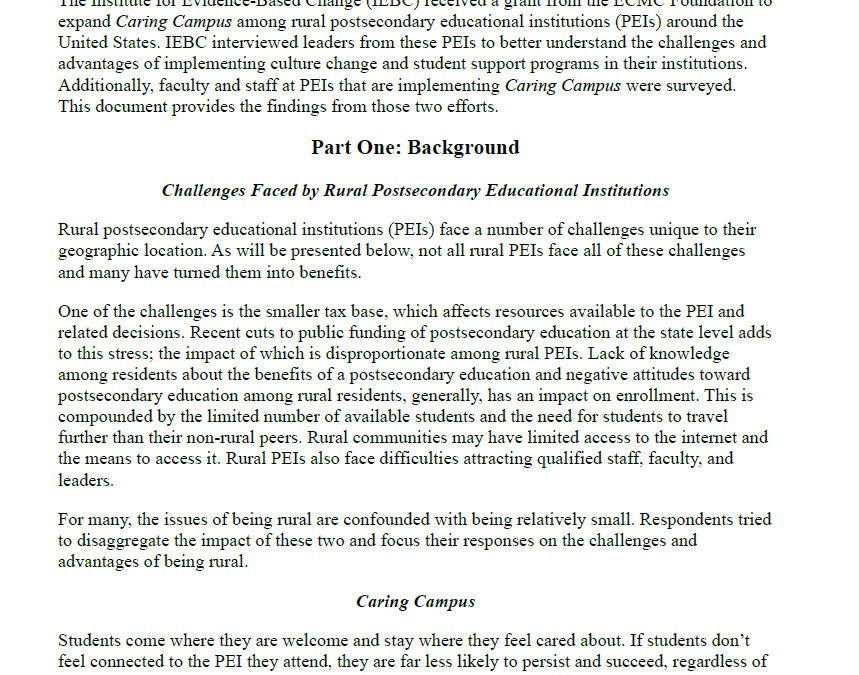 Implementing Culture Change and Student Support Programs in Rural Postsecondary Educational Institutions